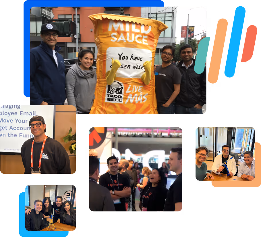 Opensense team collage featuring employees at marketing events, conferences, and team gatherings. Includes a fun photo with a person in a Taco Bell mild sauce costume.