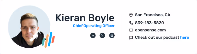 Professional email signature for Kieran Boyle, COO at Opensense, featuring a profile photo, company logo, contact details, website link, podcast link, and social media icons