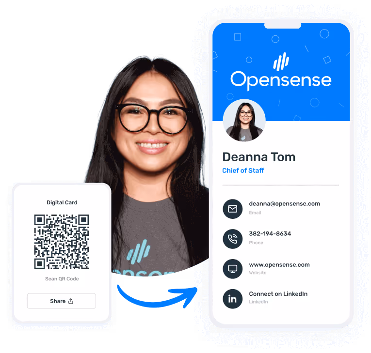 Opensense digital business card for Deanna Tom, Chief of Staff, showing contact details, LinkedIn link, and a QR code for easy sharing