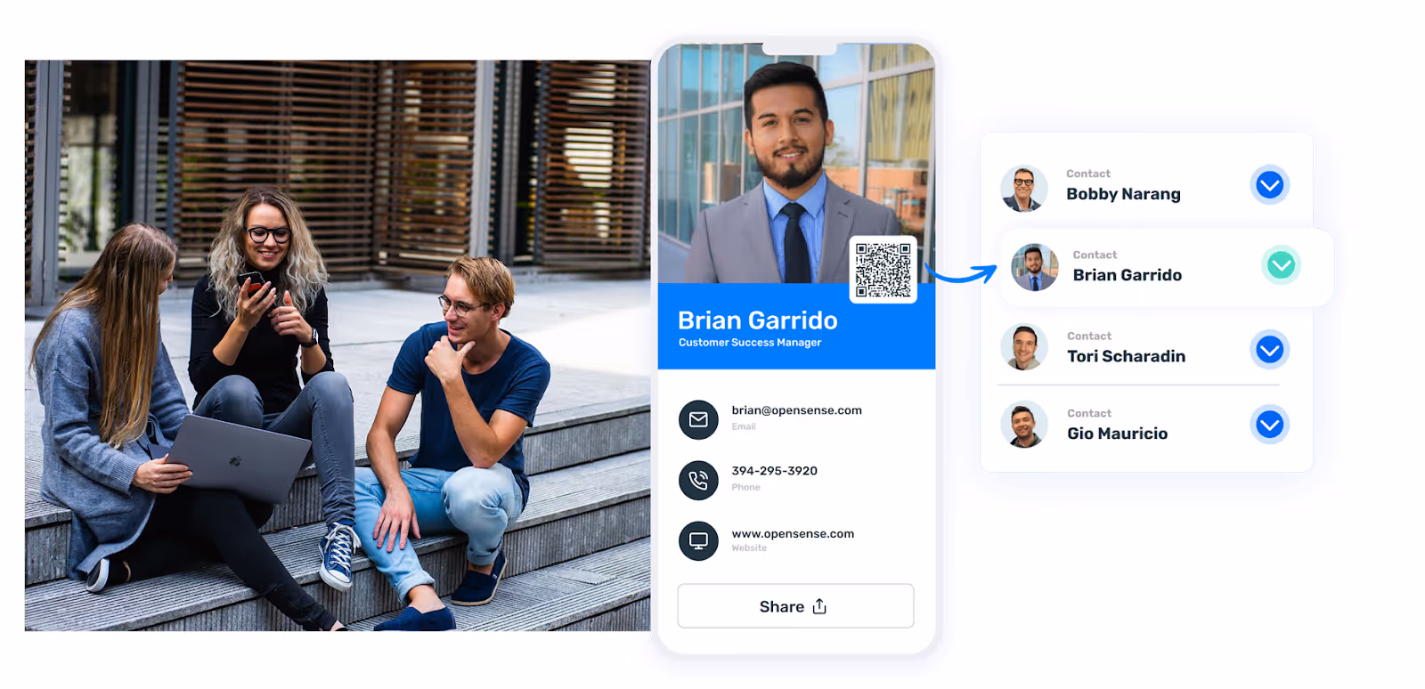 Digital business card for Customer Success Manager Brian Garrido displayed on a mobile screen with his photo, QR code, and contact details. To the right, a contact list highlighting how easy it is to save contacts details. On the left, three people sitting outdoors collaborate using a phone and laptop—illustrating real-world sharing and use of digital business cards.