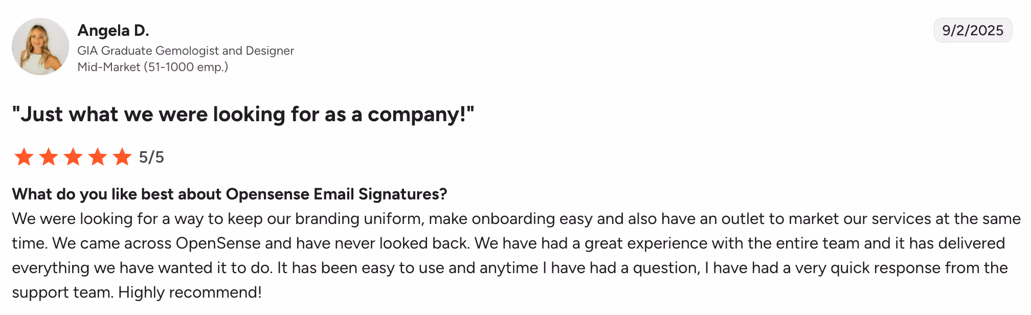 A 5 star G2 review from an Opensense customer stating, "Professional, easy-to-use platform with excellent customer support."