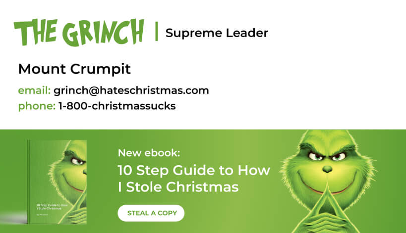 Drive marketing campaigns email signature banner - Grinch themed content promotion
