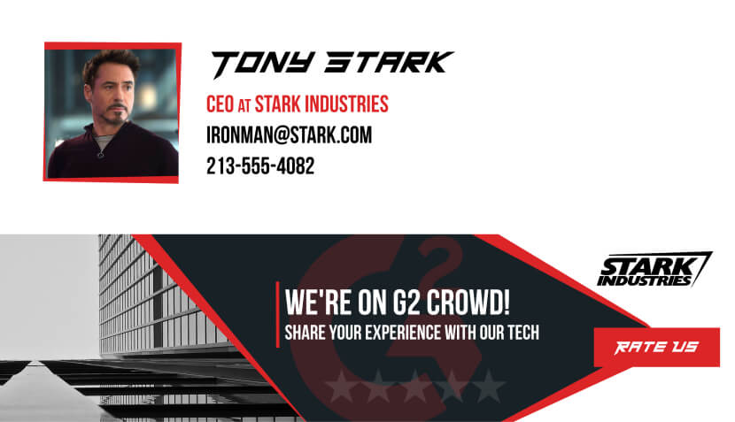 Encourage customer testimonials email signature banner - Iron Man themed testimonial promotion