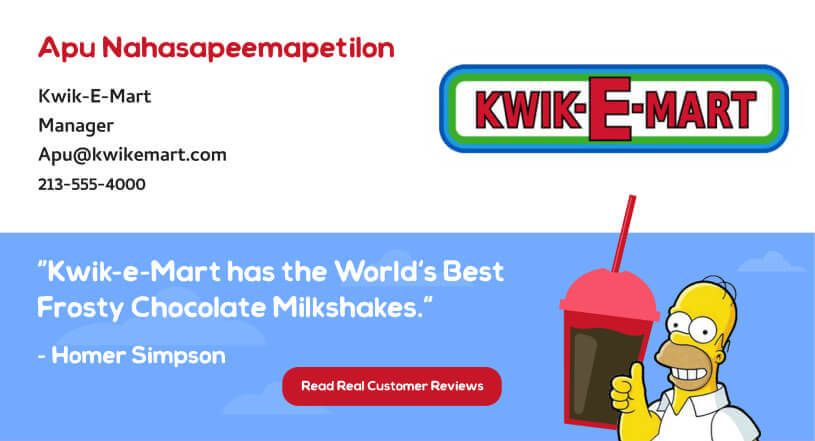 Encourage customer testimonials email signature banner - Simpsons themed testimonial promotion