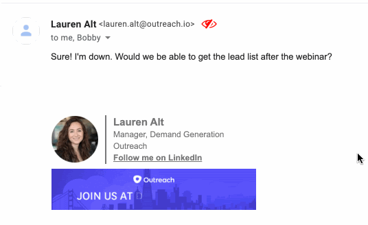 Screenshot of an email signature for Outreach with a headshot, job title, and a promotional banner inviting recipients to “Join us at Dreamforce 2019.” The banner demonstrates how the brand uses Opensense to amplify event marketing and drive registrations by embedding dynamic, on-brand visuals directly into employee email signatures.