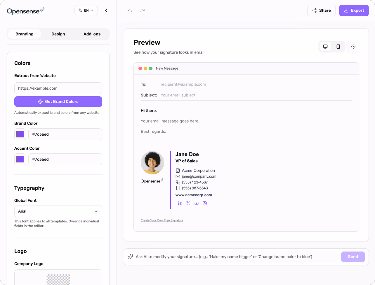 Screenshot Opensense's free email signature generator showing branding controls on the left and a live preview of an email signature on the right. This interface demonstrates how Opensense allows users to easily customize, standardize, and preview professional email signatures across an organization.