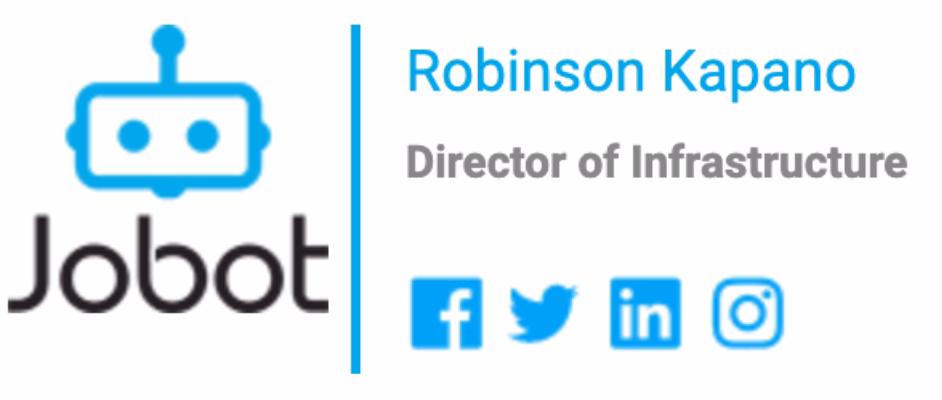 Jobot email signature featuring the Jobot logo, the person’s name and title, and social media icons for Facebook, Twitter, LinkedIn, and Instagram.