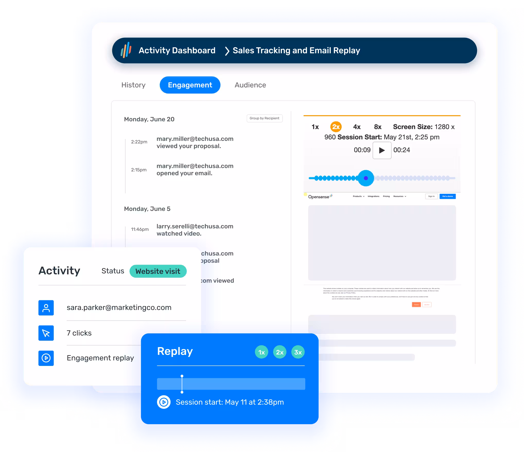 Opensense sales tracking and email replay dashboard showing detailed engagement history, including email opens, website visits, clicks, and video views. The interface displays a session replay player with speed controls, along with activity cards summarizing user actions such as clicks and engagement replays—highlighting how Opensense provides granular visibility into prospect engagement.