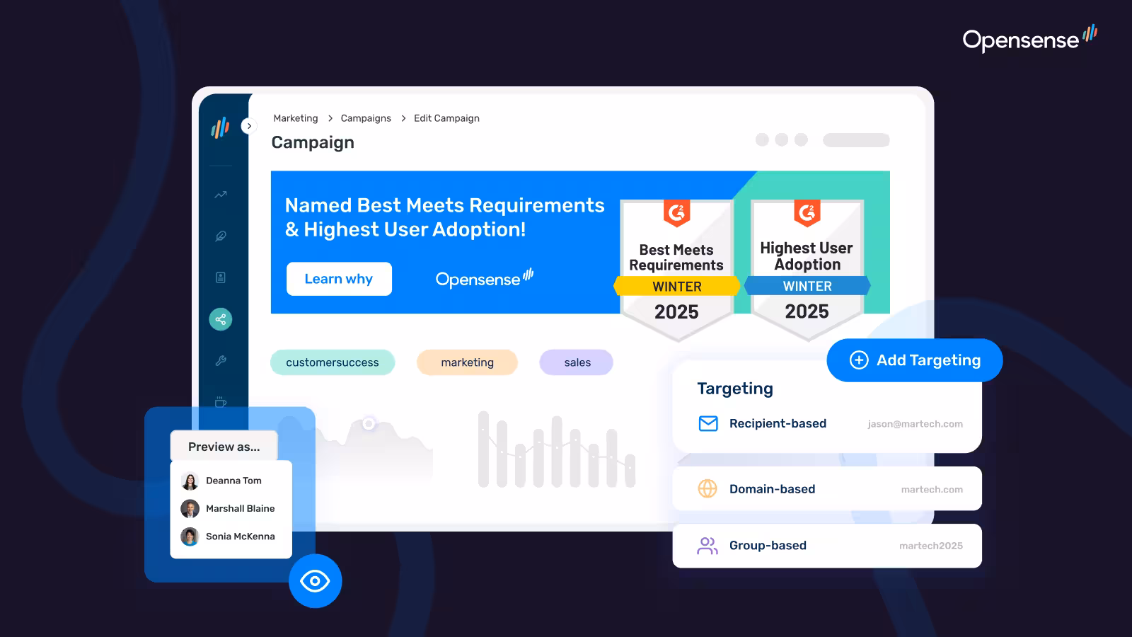 Opensense campaign editor displaying a banner with award badges. A panel on the right shows recipient-based, domain-based, and group-based targeting, while a preview selector on the left allows switching between different employee views. The interface illustrates how to customize and target branded email ad banner campaigns.