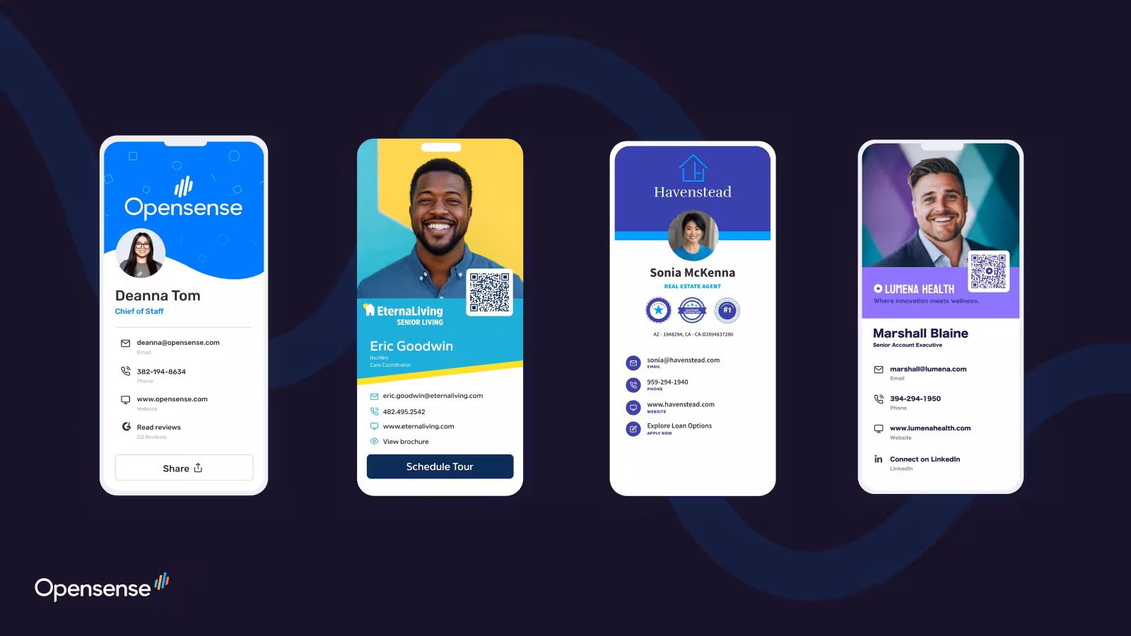 Four digital business card designs displayed side by side on a dark background. Each card shows a professional headshot, name, job title, contact details, icons, and a QR code.