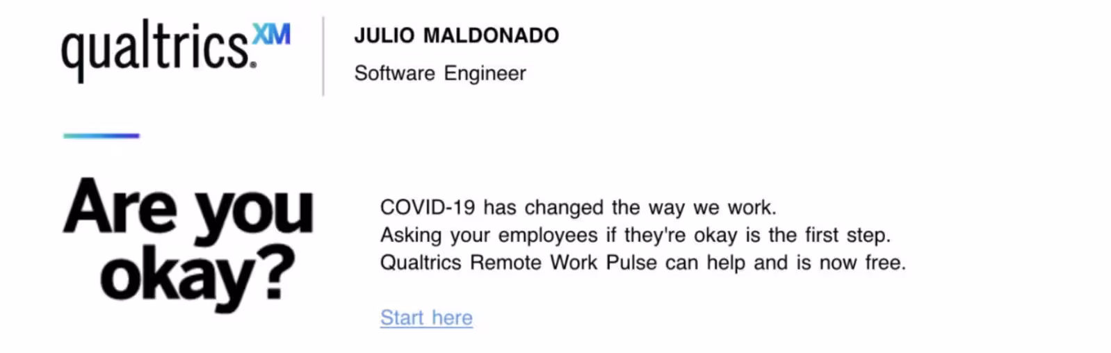 Qualtrics email signature for Julio Maldonado with an ad banner asking ‘Are you okay?’ promoting free Remote Work Pulse during COVID-19.