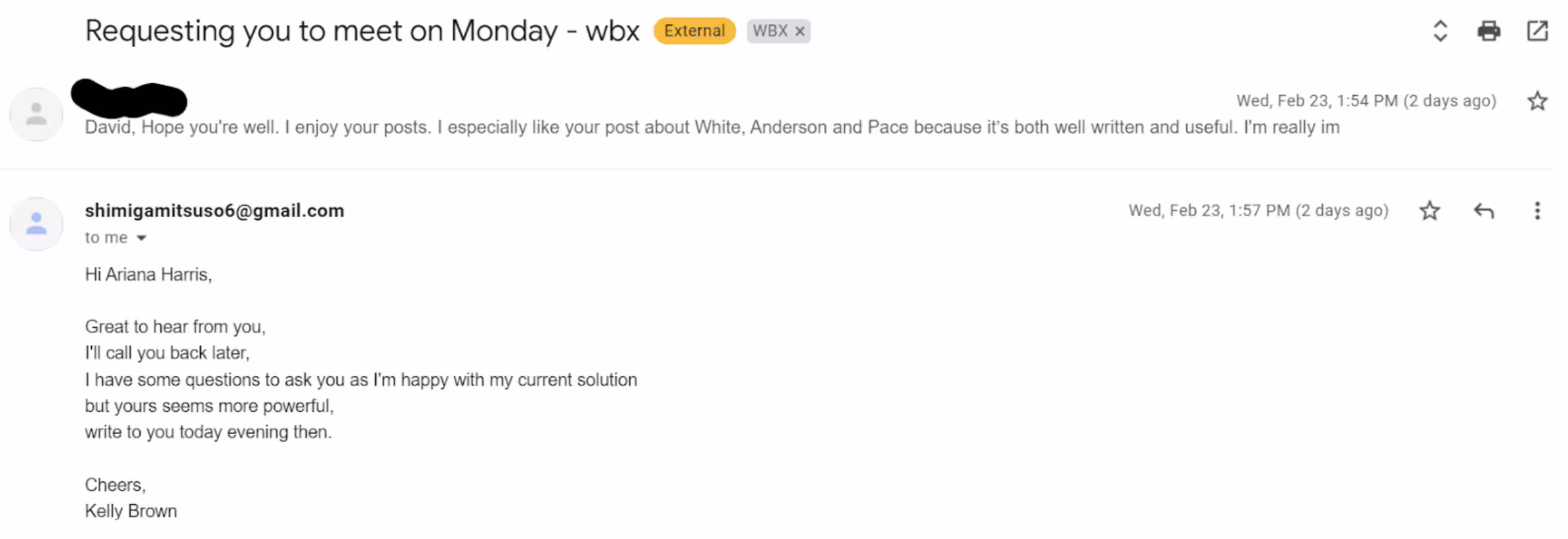 Screenshot of an email thread showing a request to meet on Monday, followed by a reply discussing questions about a current solution.