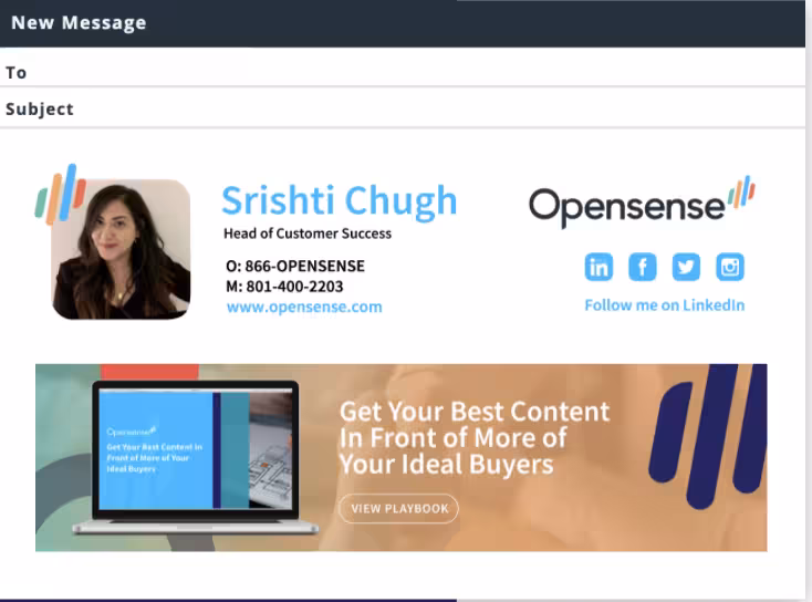 Opensense email signature for Srishti Chugh with branded social icons and an email ad banner promoting a playbook on getting your best content in front of ideal buyers—showcasing how Opensense boosts engagement and drives revenue through targeted email banner campaigns.