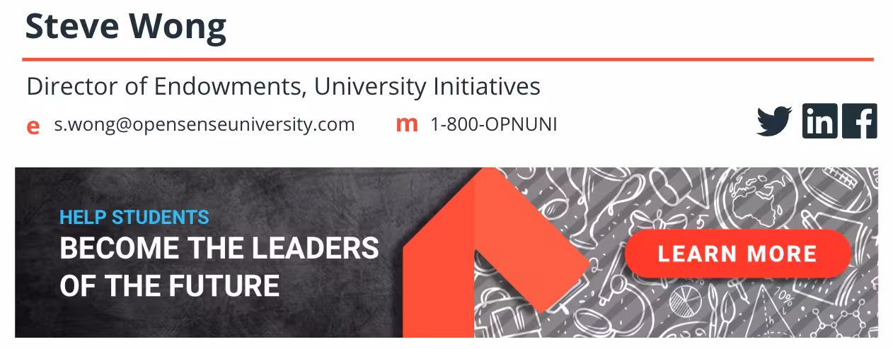 Email signature ad banner promoting a university initiative encouraging support for future student leaders, highlighting how Opensense empowers institutions to drive awareness for fundraising and student programs.