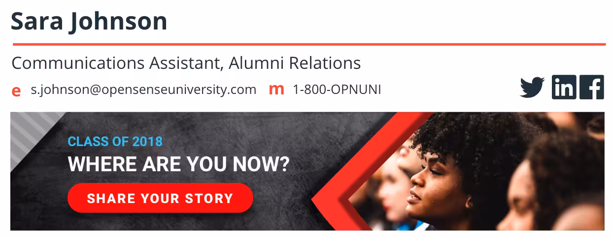 Email signature ad banner inviting Class of 2018 alumni to share their stories, showcasing how Opensense enables universities to collect meaningful alumni updates and strengthen community connection.