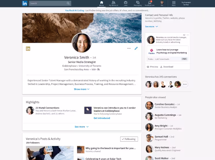 Screenshot of a LinkedIn profile page showing a professional headshot, role description, contact info, highlights, and suggested connections.