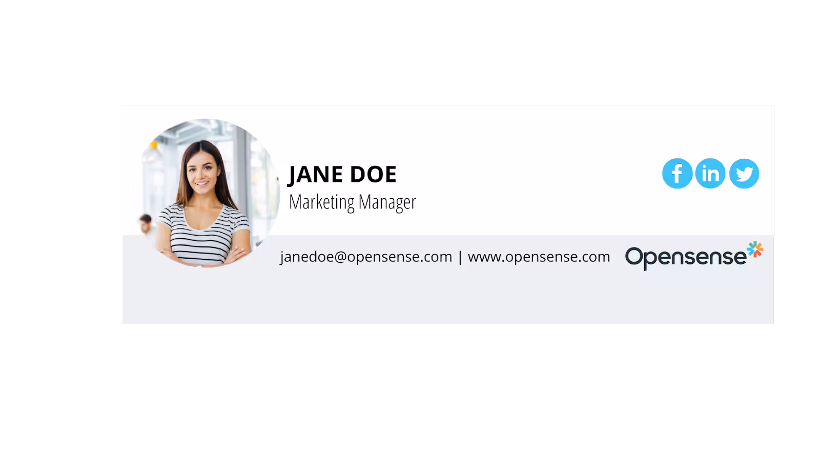 Professional email signature with headshot on the left, her name and title, social icons for Facebook, LinkedIn, and Twitter, email address and company website, and the Opensense logo. This demonstrates the overlap of the headshot overlapping a different color background which is not reccomended.