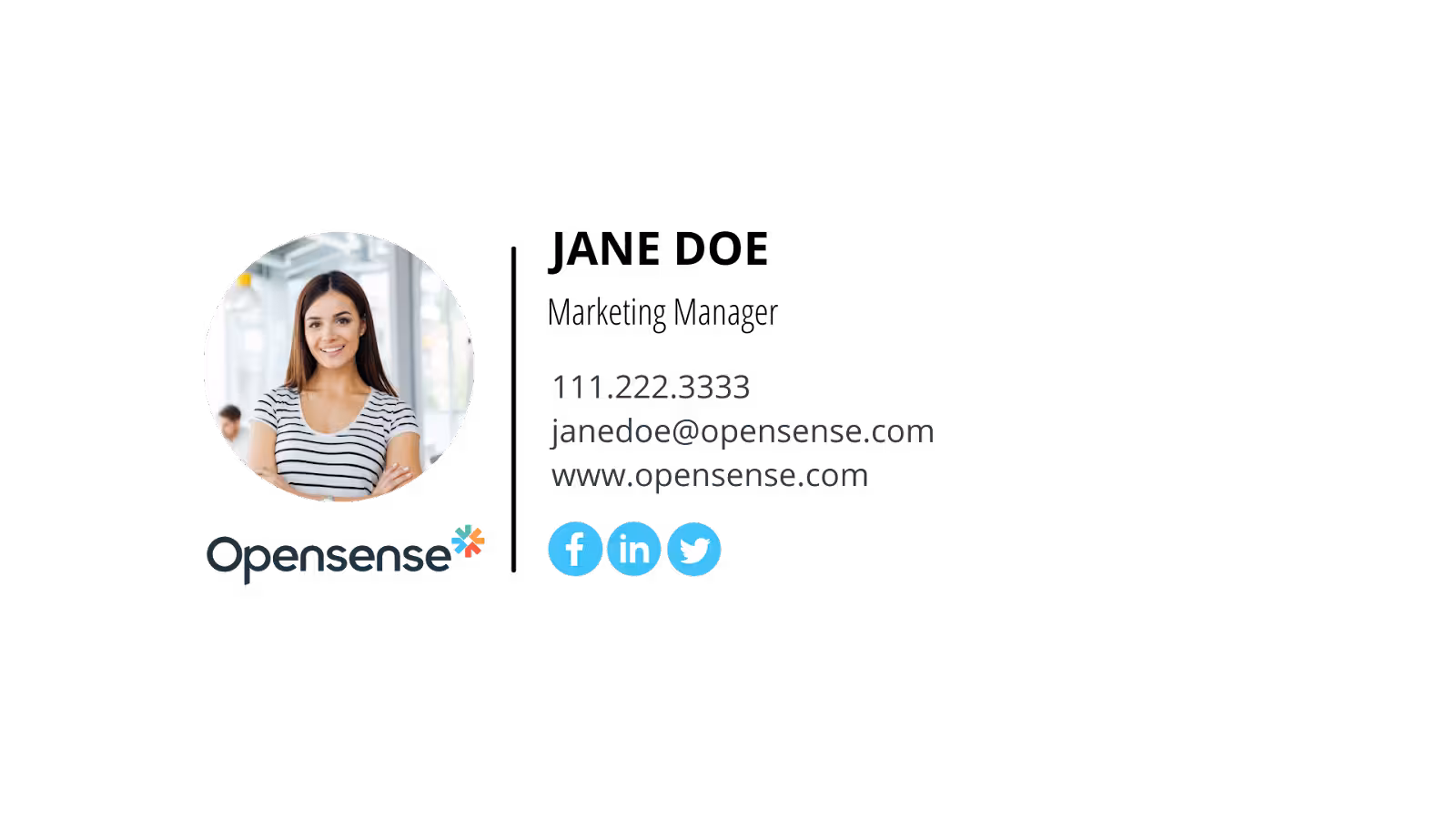 Email signature with headshot and logo on the left and name and title, phone number, email address, website URL, and social media icons to the right of that.