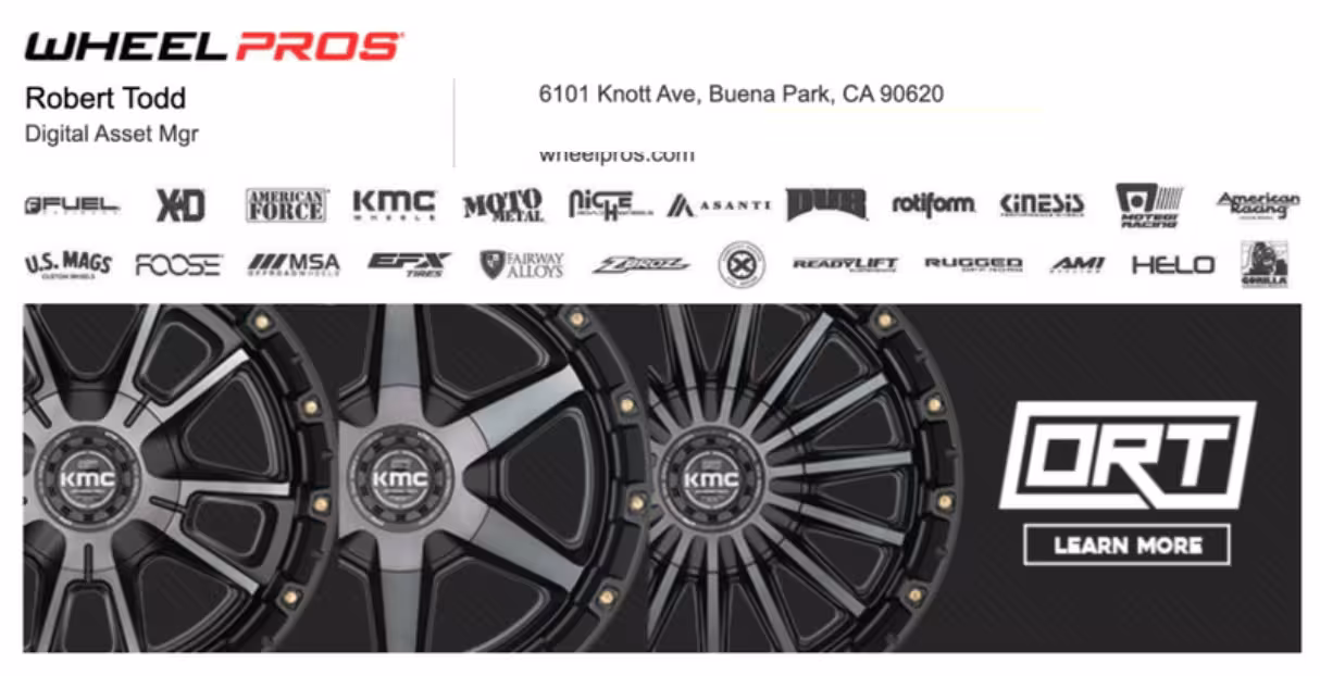 Email signature showing employee contact information above a product banner showcasing KMC wheels and a “Learn More” CTA. Demonstrates how Opensense enables organizations to promote product lines directly through employee emails.
