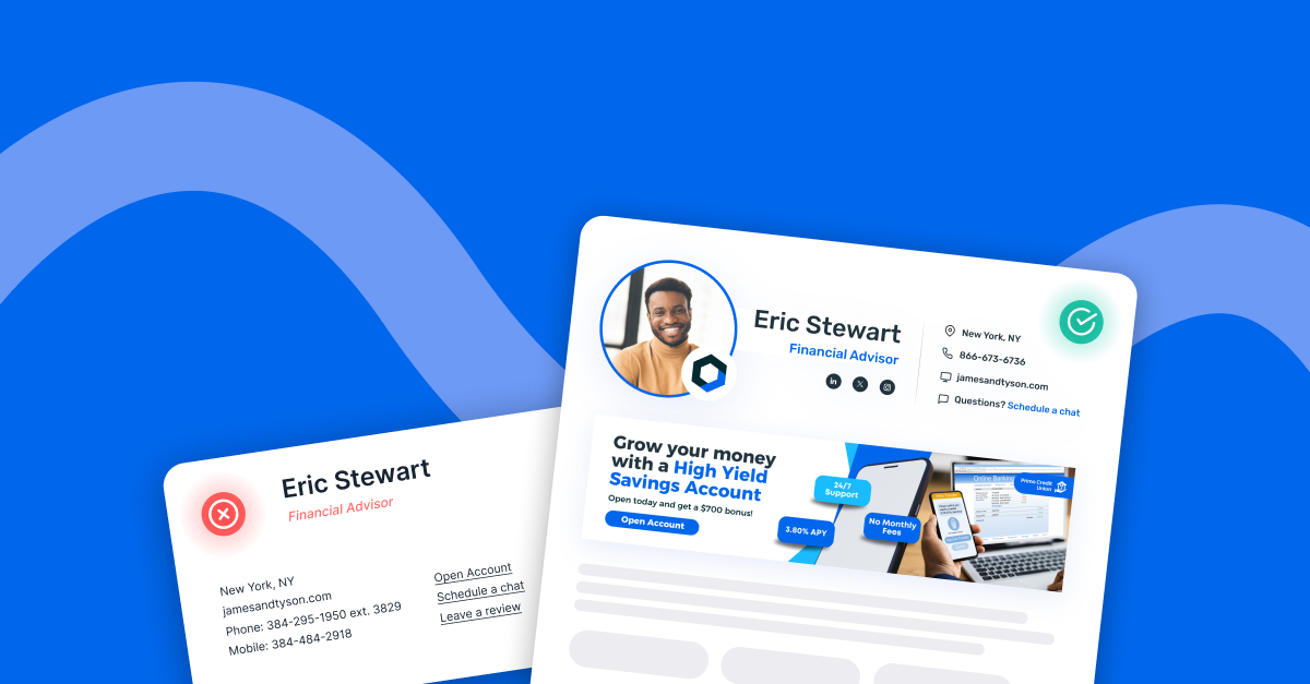 Two email signatures for a financial advisor — one ungoverned and flagged with an error icon showing inconsistent formatting and no branding, and one centralized and compliant through Opensense, showing a professional headshot, consistent contact details, 