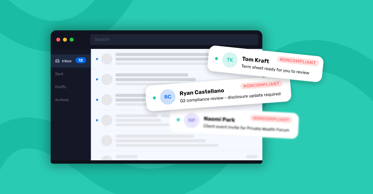 An email inbox interface displaying outbound employee emails flagged with noncompliant labels — illustrating how ungoverned employee email creates compliance exposure at financial institutions.