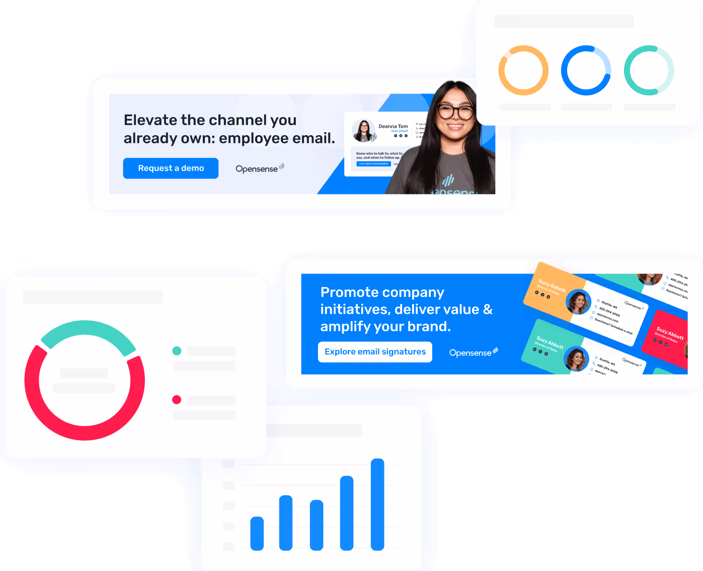 Opensense cross-platform email signature software showcasing Microsoft 365 and Google Workspace integrations, CRM-integrated signatures, campaign analytics charts, and SOC2 compliant brand amplification banners.