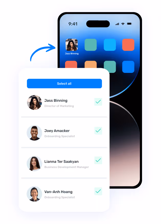Opensense digital business card contacts being added to a mobile phone home screen, showing Jass Binning, Joey Amacker, Lianna Ter Saakyan, and Van-Anh Hoang