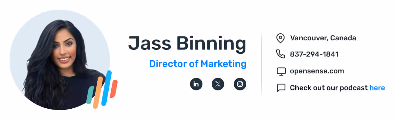 Example Opensense email signature for Jass Binning, Director of Marketing