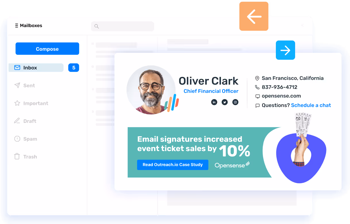 Example of an Opensense email signature for Oliver Clark with contact details and social links. Signature includes a marketing banner highlighting 'Email signatures increased event ticket sales by 10%' with a case study call-to-action button.