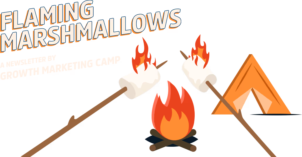 Flaming Marshmallows logo illustration with campfire, roasted marshmallows on sticks, and an orange tent, representing the fun and creative spirit of the Flaming Marshmallows podcast from Opensense.