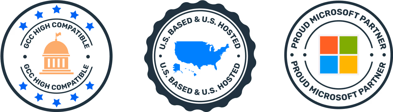 Three Opensense certification badges: GCC High Compatible badge with government building icon, U.S. Based & U.S. Hosted badge with U.S. map icon, and Proud Microsoft Partner badge with Microsoft logo, representing Opensense’s compliance and trusted partnerships.
