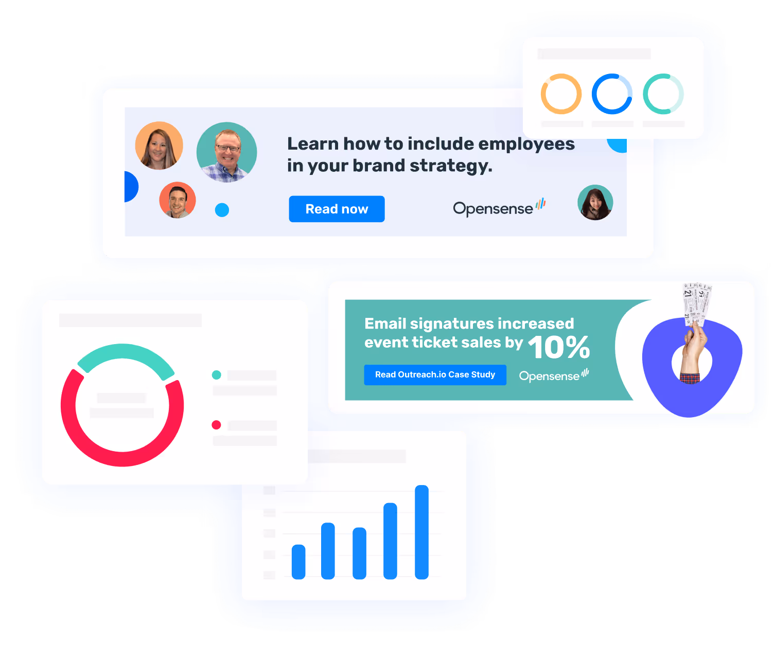 Collection of Opensense marketing banners showing email signature performance results and brand engagement ads, including messages like ‘Learn how to include employees in your brand strategy’ and ‘Email signatures increased event ticket sales by 10%.’