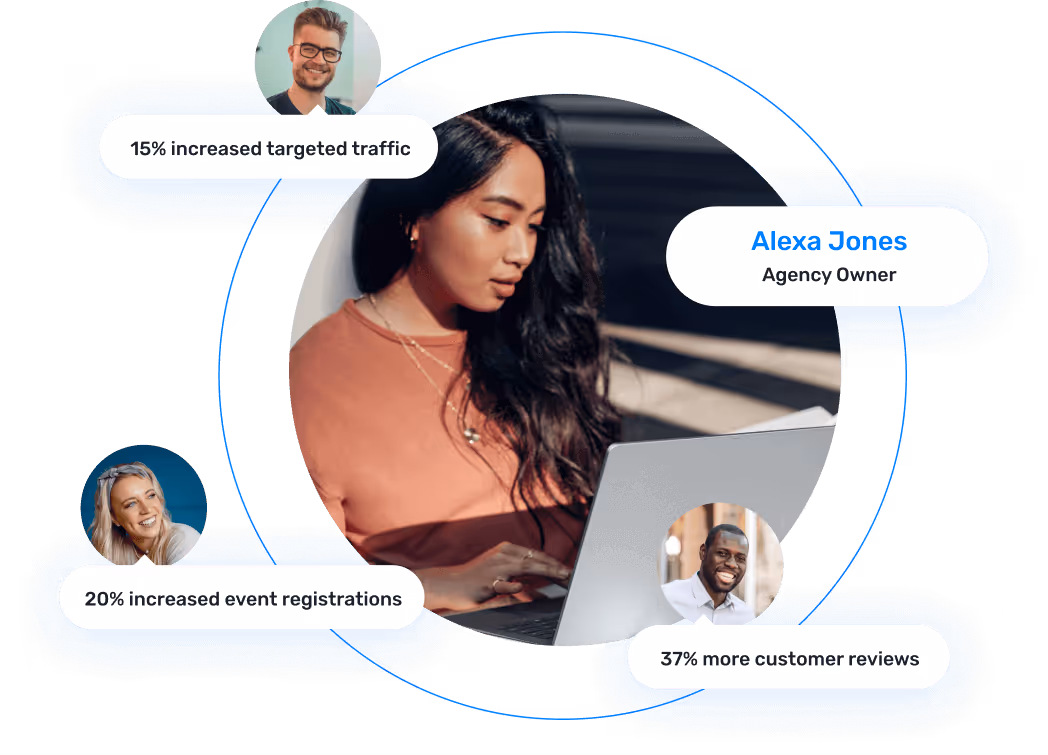 Opensense CRM-integrated email signature software case study graphic showing agency owner Alexa Jones using a laptop, with results including 15% increased targeted traffic, 20% more event registrations, and 37% more customer reviews.