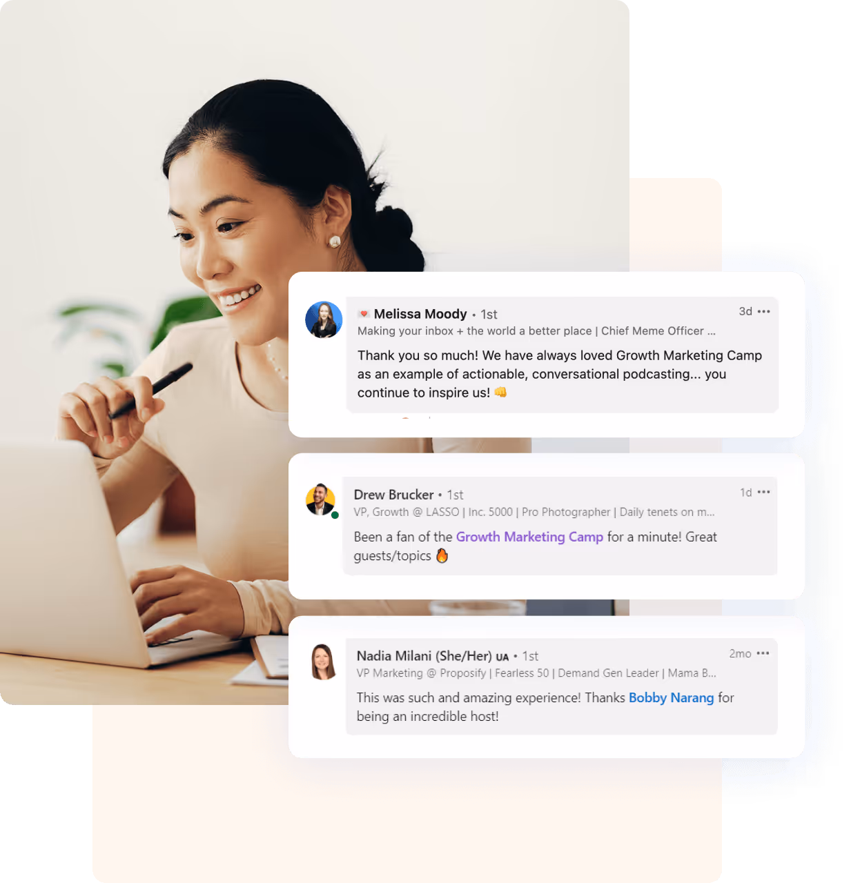 Person smiling while working on a laptop with overlaid LinkedIn-style testimonials praising the Growth Marketing Camp podcast by Opensense. Positive feedback highlight actionable insights, engaging topics, and excellent hosting.