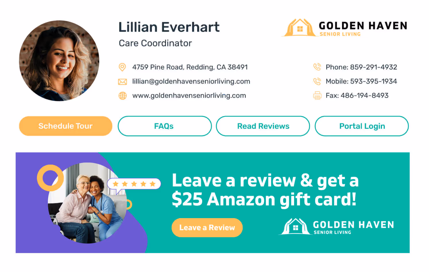 olden Haven Senior Living email signature for Lillian Everhart, Care Coordinator, featuring contact details, company logo, and a promotional customer banner inviting residents or families to leave a review and receive a $25 Amazon gift card.