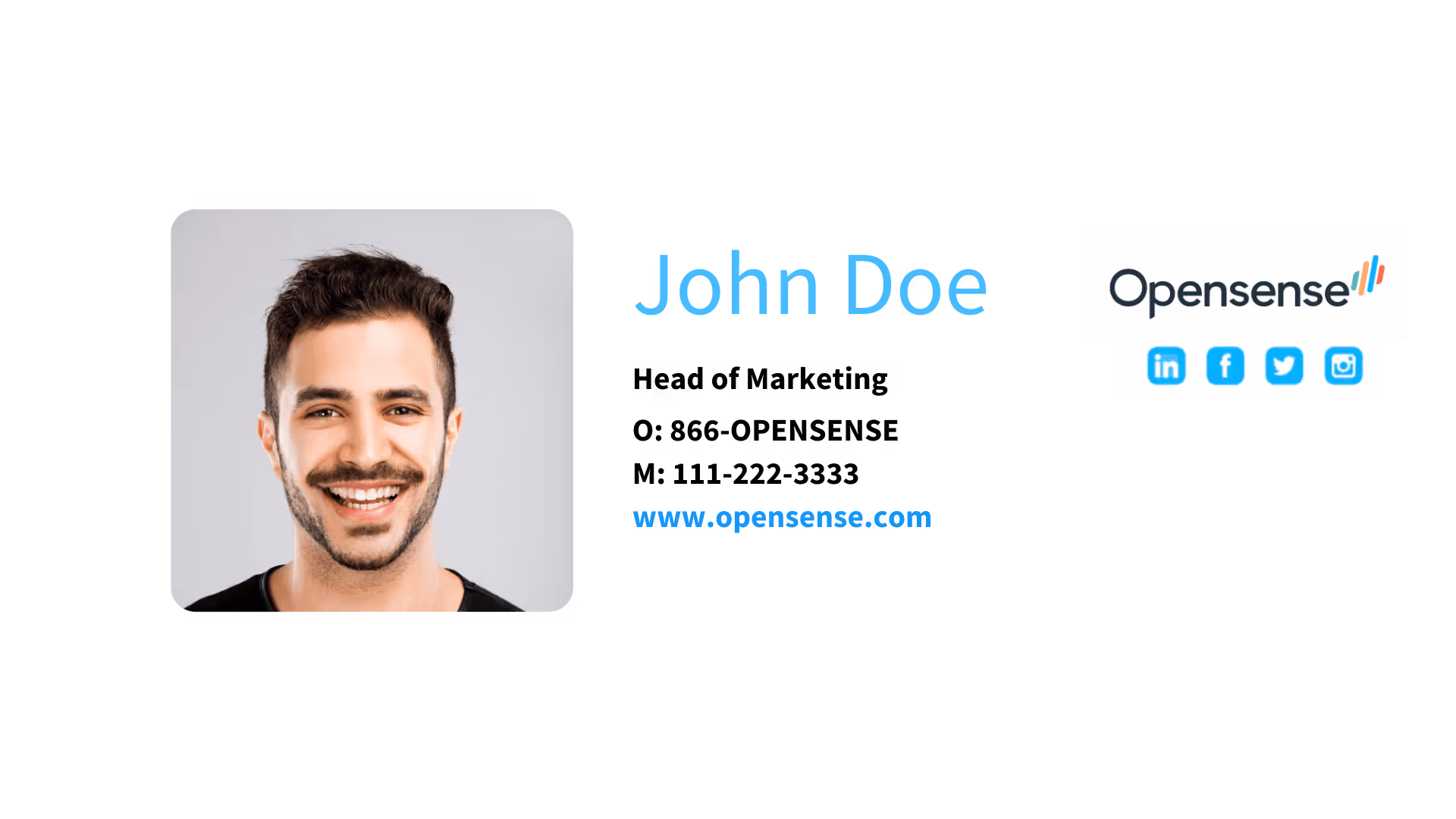A branded email signature with a headshot, name, title, phone numbers, and social icons, shown at the width it was designed for on a desktop.