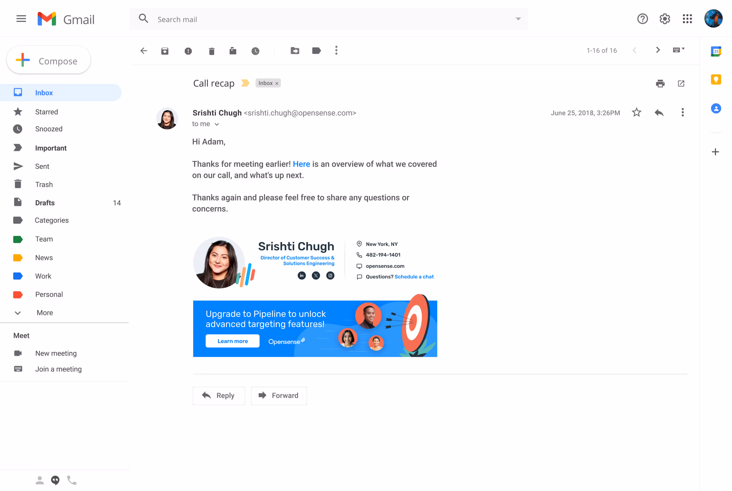 Gmail email from Srishti Chugh, Director of Customer Success and Solutions Engineering at Opensense, to a customer recipient featuring a professional email signature and banner ad promoting 'Upgrade to Pipeline to unlock advanced targeting features' with a call-to-action button.