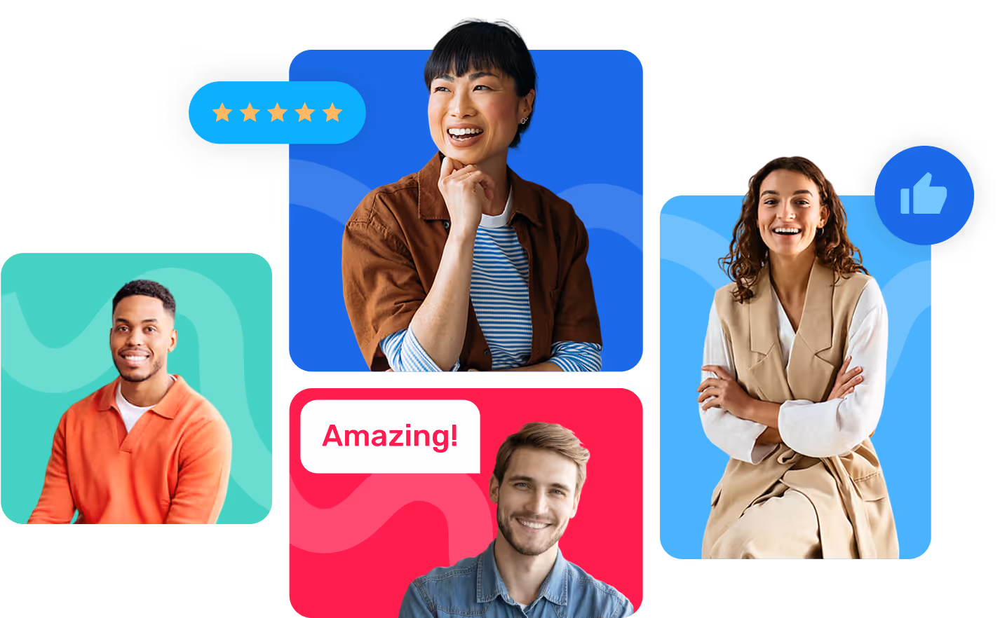 Colorful collage of smiling people with icons showing a five-star rating, thumbs-up symbol, and the word 'Amazing!', representing positive customer feedback, satisfaction, and testimonials for Opensense.