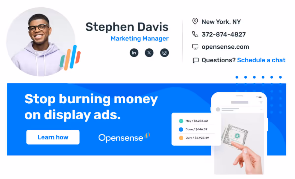 Email signature banner about reducing display ad costs with compelling messaging and analytics visuals