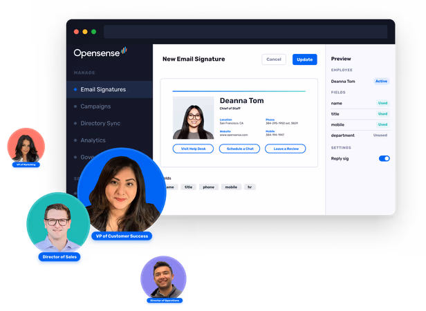 The Opensense email signature editor showing Deanna Tom’s signature and its fields, with headshots of Opensense team members around it.