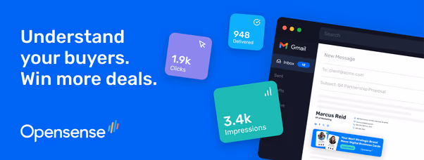 Opensense campaign banner reading “Understand your buyers. Win more deals.” with the Opensense logo, beside a Gmail message and email stats: 948 delivered, 1.9k clicks, 3.4k impressions.