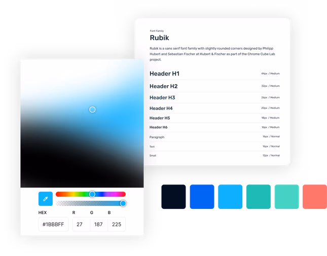Opensense brand style guide showcasing Rubik font family with header typography styles, color palette and color picker.